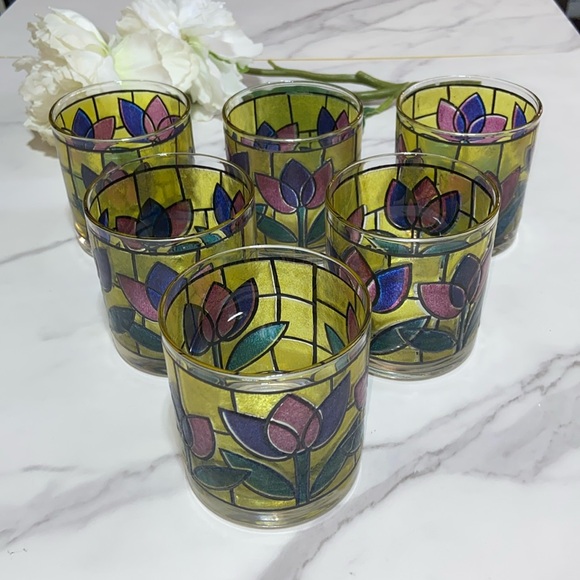 Vintage West Virginia Glass Tulip Design Stained Glass tumblers Cup Set of 6 - Picture 4 of 17